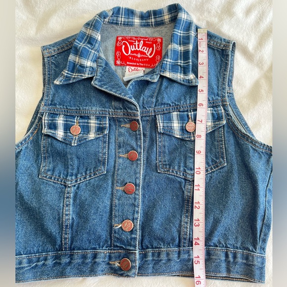 Vintage Outlaw Cropped Denim Vest w/ Plaid Trim, L 90s Grunge Western Aesthetic - Picture 11 of 14